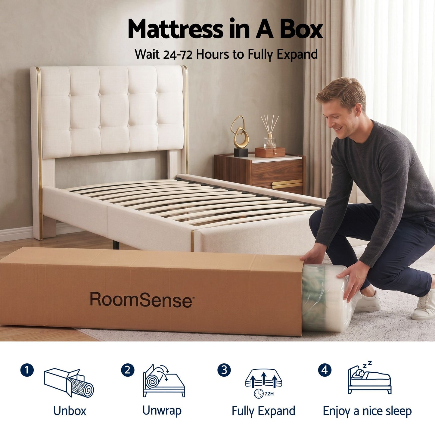 RoomSense Queen Mattress, 34cm Thick Medium Firm Hybrid Mattress for Back Pain Relief, Tencel Cooling Pocket Spring Mattress Queen Size in a Box