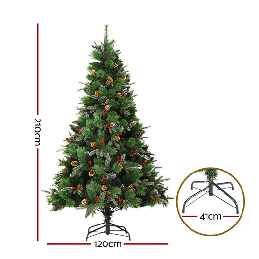Jingle Jollys 2.1M Christmas Tree with Pine Cones Red Berries Prelit LED Warm Lights.