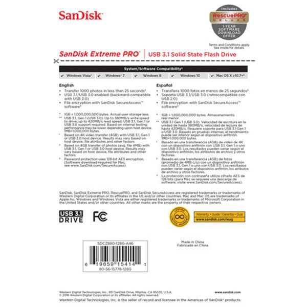 SanDisk 256GB Extreme PRO USB 3.2 Solid State Flash Drive (SDCZ880-256G) Main Image