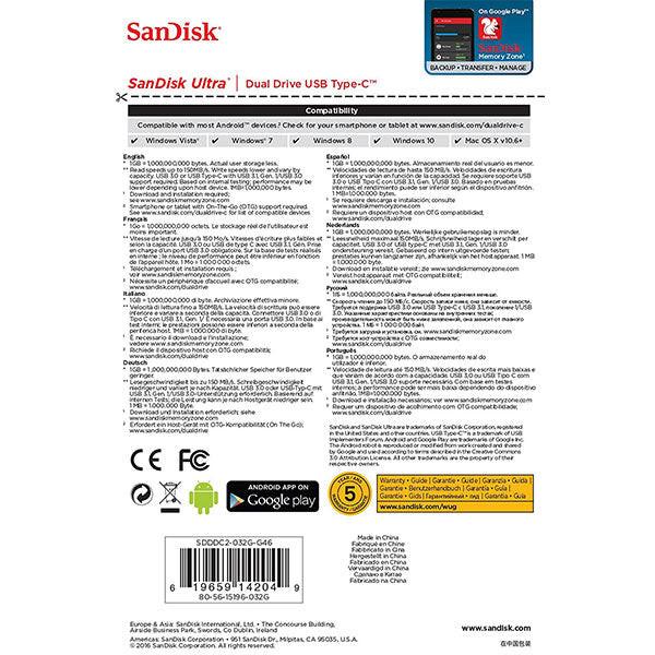 SANDISK ULTRA 32GB SDDDC2-032G Dual USB Drive Type-C 3.1.