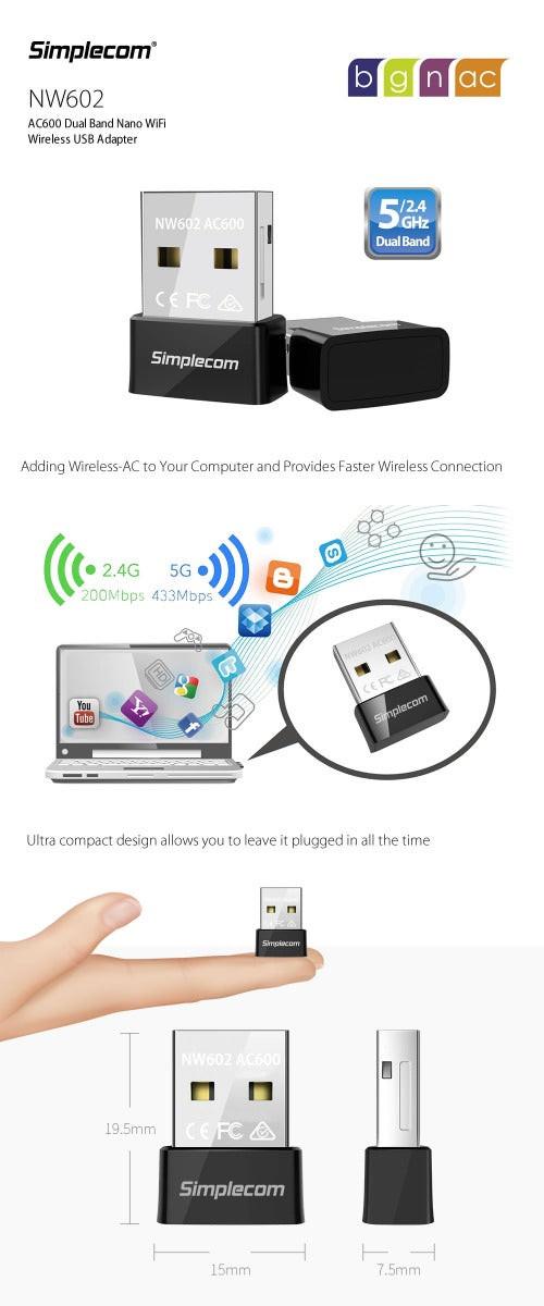 Simplecom NW602 AC600 Dual Band Nano USB WiFi Wireless Adapter.