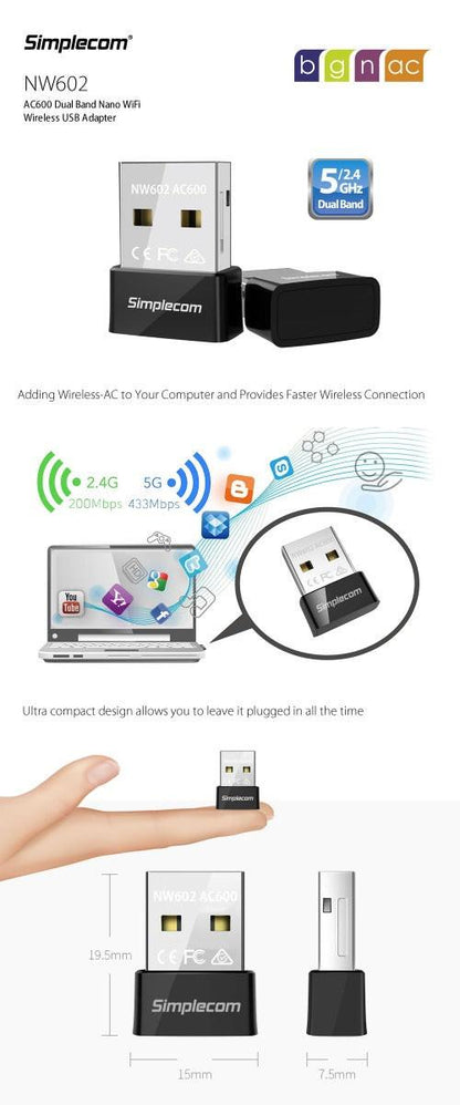 Simplecom NW602 AC600 Dual Band Nano USB WiFi Wireless Adapter.