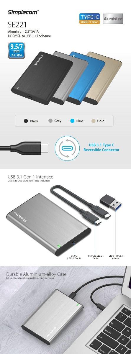 Simplecom SE221 Aluminium 2.5'' SATA HDD/SSD to USB 3.1 Enclosure Gold.